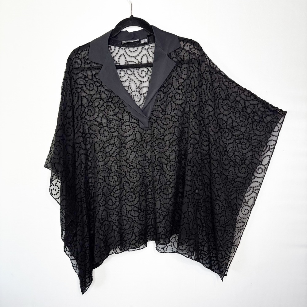 Whimsy Goth Silk Sheer Batwing Tunic Top Women Size M Black Embroidered‎ Poncho - Picture 5 of 9
